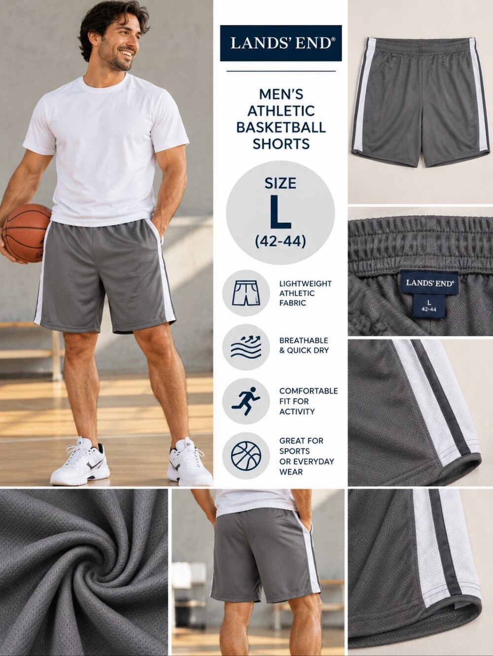 Lands end mens large grey athletic basketball shorts #37